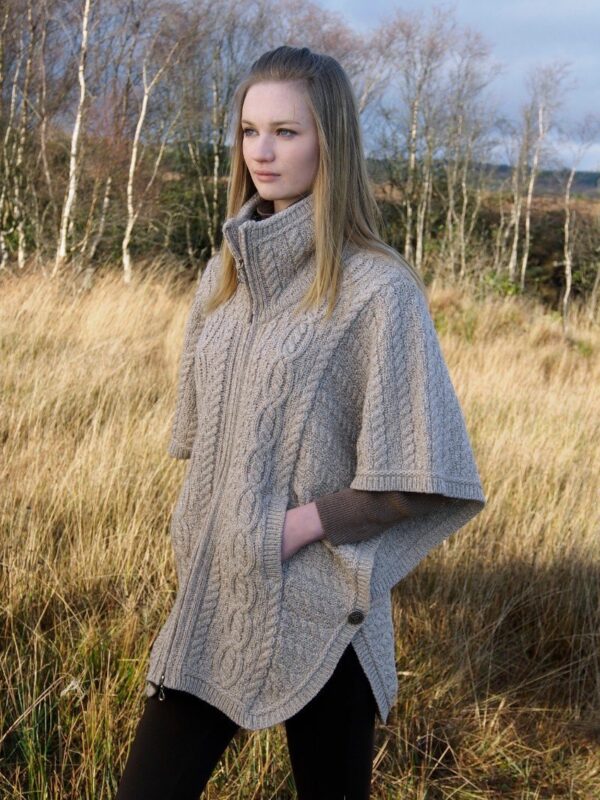 Ladies Aran Poncho with Collar Batwing Sleeves Parsnip.jpg