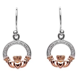 Stone Set Claddagh Silver Rose Gold Plated Earrings SE2083CZ.jpg