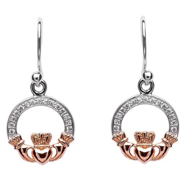 Stone Set Claddagh Silver Rose Gold Plated Earrings SE2083CZ.jpg